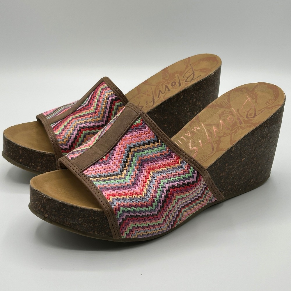 Blowfish Malibu B138 Multi Chevron Woven Cork Wedge Slide Sandals 8.5 Boho Retro